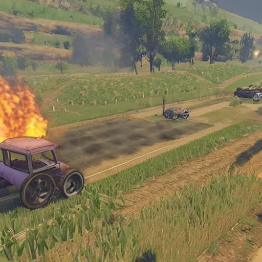 Prompt: a small vintage farm on fire in a field in the style of GTA V, gameplay footage