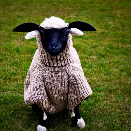 Image similar to bipedal lamb wearing a sweater, portrait photo, movie still,