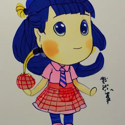 Image similar to a perfect professional sketch of a funny and cute Japanese schoolgirl, by ink pen with a few colored pens, in style of Disney Pixar, CalArts, on high quality paper