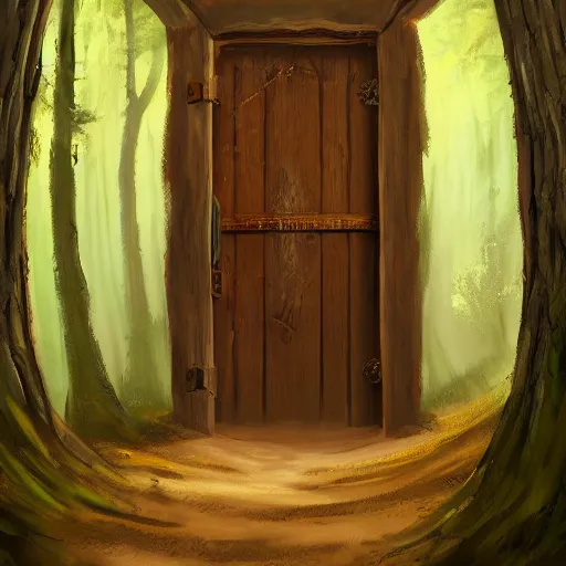 Image similar to an old and misteriouly looking wooden door in the depths of the forest, fantady painting, trending on artstation, high res, full hd, award winning