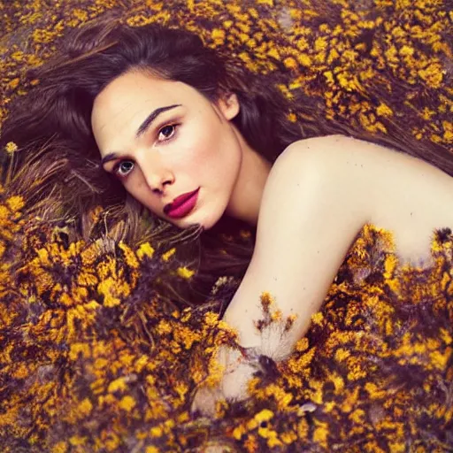 Image similar to full body fine art photo of the beauty gal gadot, she is lying down and covered by dried flowers, taken by oleg oprisco