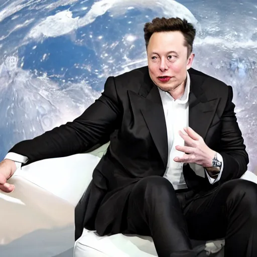 Image similar to elon musk in a suite sitting on the moon