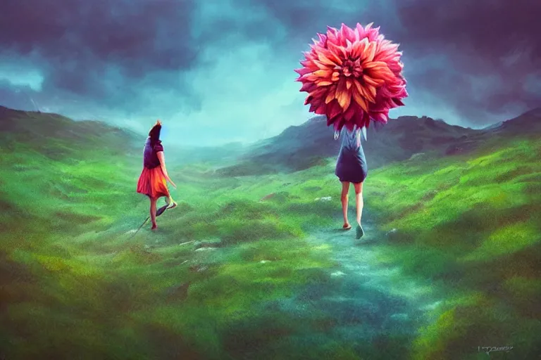 Image similar to giant dahlia flower crown under head, girl walking on mountain, surreal photography, blue storm clouds, dramatic light, impressionist painting, digital painting, artstation, simon stalenhag