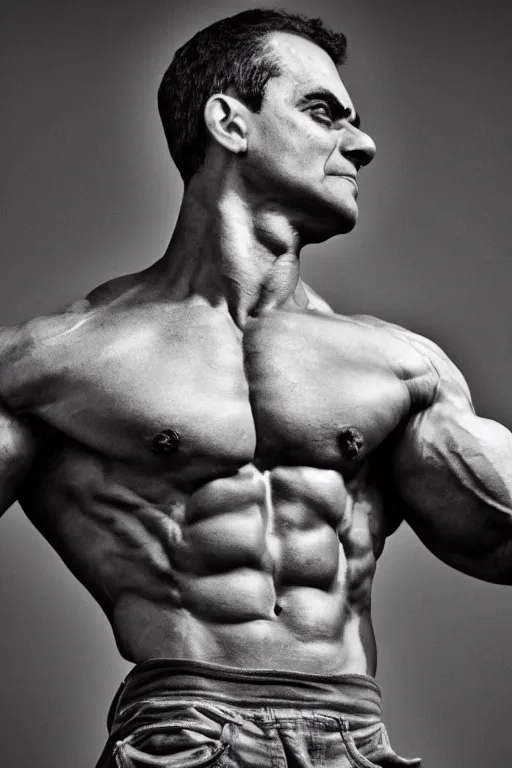 Image similar to Mr Bean is a jacked muscle builder gigachad, grayscale photography