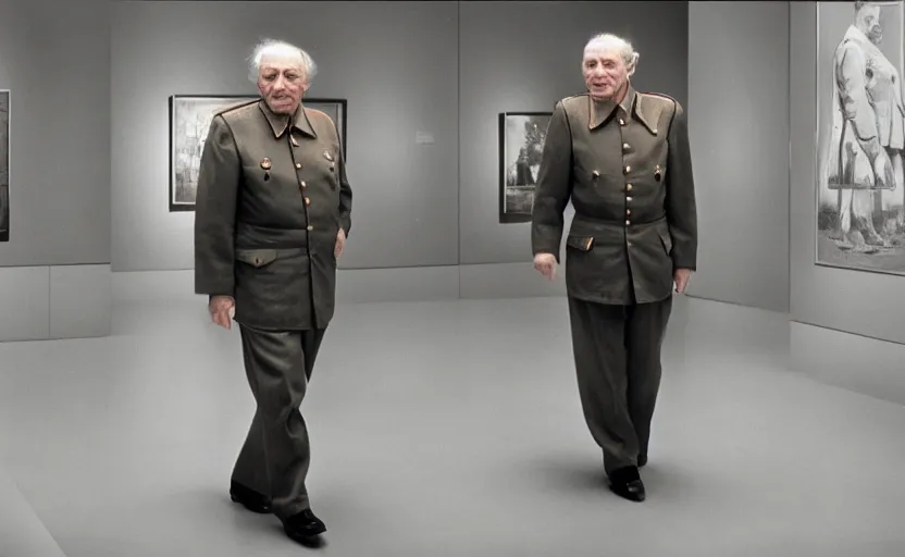 Image similar to 50s movie still close-up portrait of an elder soviet general walking in an empty museum, by David Bailey, Cinestill 800t 50mm eastmancolor, heavy grainy picture, very detailed, high quality, 4k, HD criterion, precise texture and facial expression
