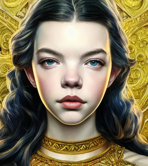 Image similar to Anya Taylor-Joy wearing gold, highly detailed, centered, digital painting, artstation, concept art, smooth, sharp focus, illustration, art by artgerm and donato giancola and Joseph Christian Leyendecker, Ross Tran, WLOP