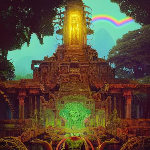 Prompt: overgrown jain temple of death with glowing mayan rainbow skulls, by michael whelan and moebius and beeple and kilian eng and dan mcpharlin and pascal blanche and jamie hewlett and richard dadd, symmetrical, magical stormy reflections, smoke on water, 8 k hi - res, acid, metropolis disco laser rays