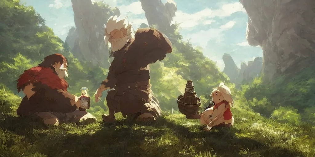 Image similar to a dwarf and his small pet dragon drinking a beer together | sharp contrast | by greg rutkowski makoto shinkai takashi takeuchi studio ghibli