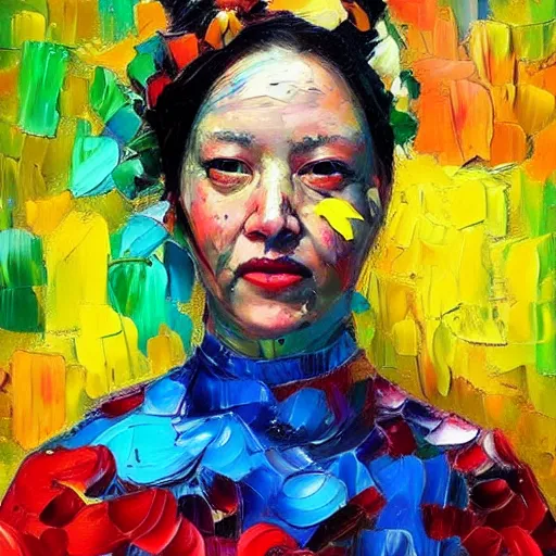 Prompt: highly detailed palette knife oil painting of a woman in the style of David Choe