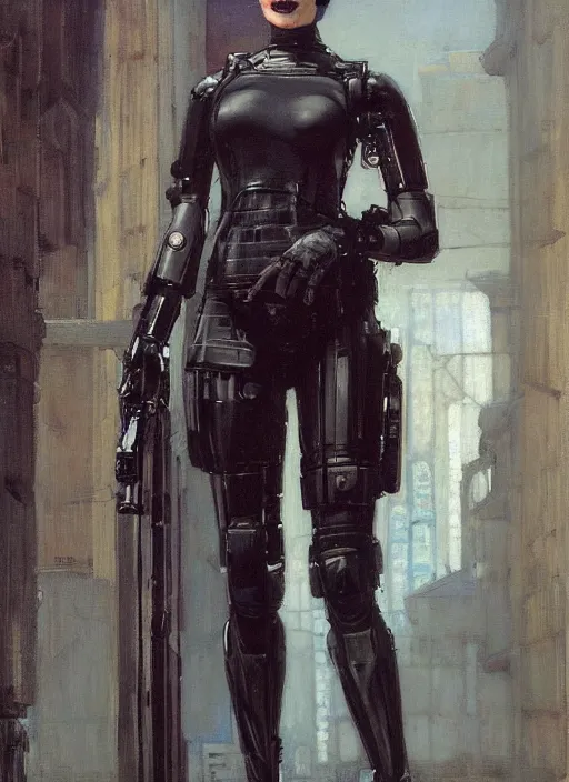 Image similar to Sgt Eliza Grim. Menacing Cyberpunk policewoman towering with robotic stilt legs and combat vest. (dystopian, police state, Cyberpunk 2077, bladerunner 2049). Iranian orientalist portrait by john william waterhouse and Edwin Longsden Long and Theodore Ralli and Nasreddine Dinet, oil on canvas. Cinematic, vivid colors, hyper realism, realistic proportions, dramatic lighting, high detail 4k
