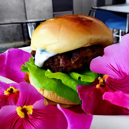 Image similar to Fast Food commercial photograph of a Sweat potato burger with a sweet cinnamon bun and velvet sauce, topped with hibiscus flower