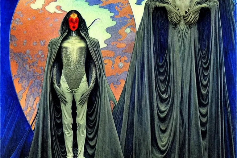 Image similar to realistic extremely detailed portrait painting of an elegantly creepy vampire man in a cape, futuristic sci-fi fortress on background by Jean Delville, Amano, Yves Tanguy, Alphonse Mucha, Ernst Haeckel, Edward Robert Hughes, Roger Dean, rich moody colours, blue eyes