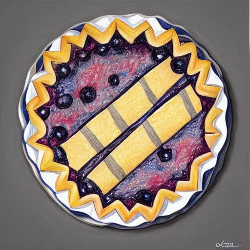 Image similar to Colored pencil art on paper, Blueberry pie slice on a plate, highly detailed, artstation, MasterPiece, Award-Winning, Caran d'Ache Luminance