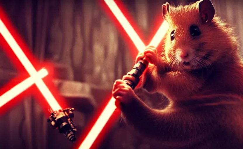 Image similar to movie still, star wars, hamster wielding a lightsaber, cinematic, sharp focus, cinematic lighting, 8 k