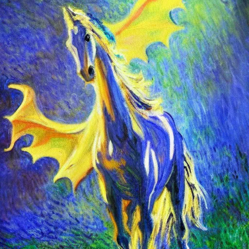 Prompt: oil painting horses mixed with dragon at night backlit in style o monet