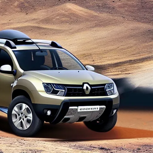 Prompt: Renault duster with tank turret instead of roof, hot desert