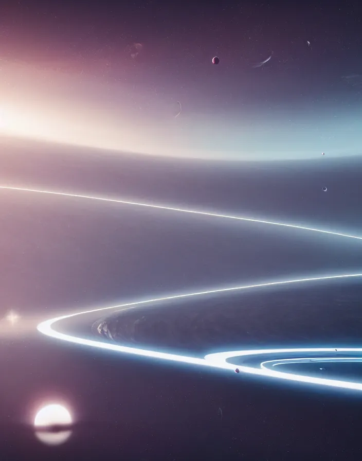 Prompt: The horizon of an orbital ring stretching upwards by Alex Jay Brady. Space, megastructure, unreal engine, trending trending on artstation, hyperrealistic, video game graphics
