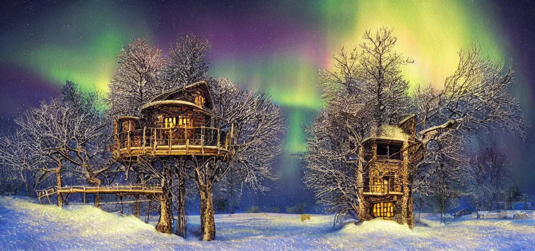 Prompt: big cozy tree houses, ornate details, snowy field, intricate, night, rainbow aurora, classic painting, award winning, highly detailed