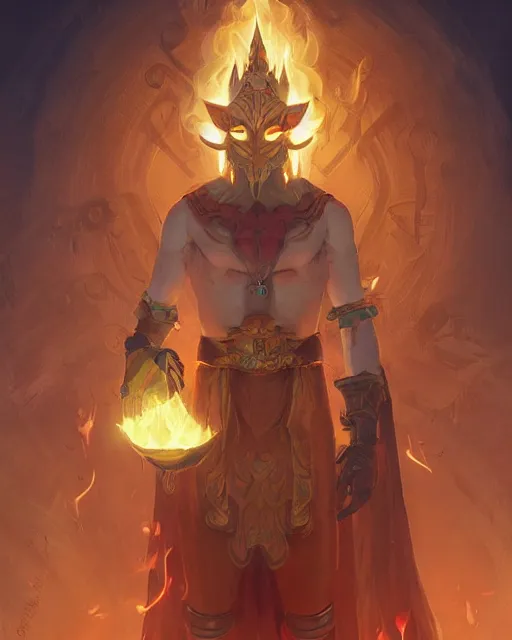 Image similar to happy mask salesman from zelda, full body photo, flames everywhere, highly detailed, digital painting, artstation, concept art, smooth, sharp focus, illustration, art by artgerm and greg rutkowski and alphonse mucha and wlop