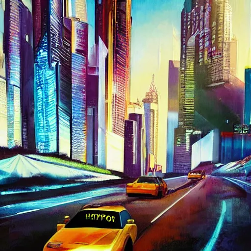 Prompt: flying futuristic taxis in cyberpunk city, hyperrealism oil painting