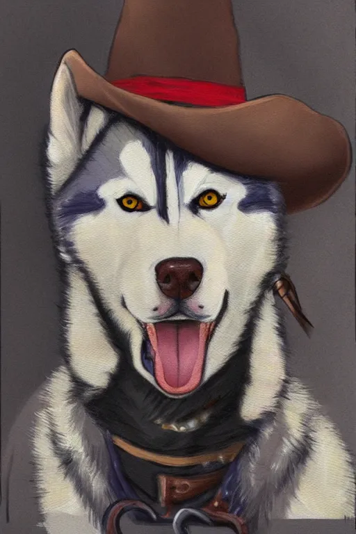 Image similar to a portrait painting of a husky in cowboy costume in the style of anime, a fistful of dollars, for a few dollars more, humanoid, the good the bad and the ugly, personify, anthropomorphic