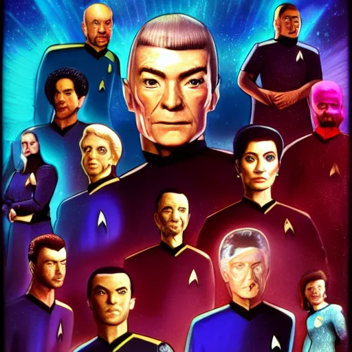 Prompt: Star Trek TNG crew portrait photo, Cyberpunk 2049, highly detailed, photorealistic