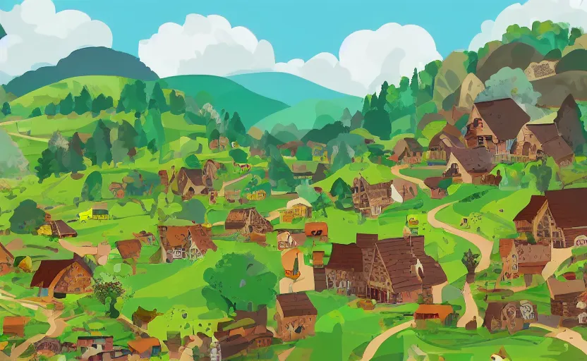 Image similar to some villagers busy farming in a small village in a valley, a dragon approaching from a distance, vector, storybook, muted colors, gouache, flat poster, sharp edges, print