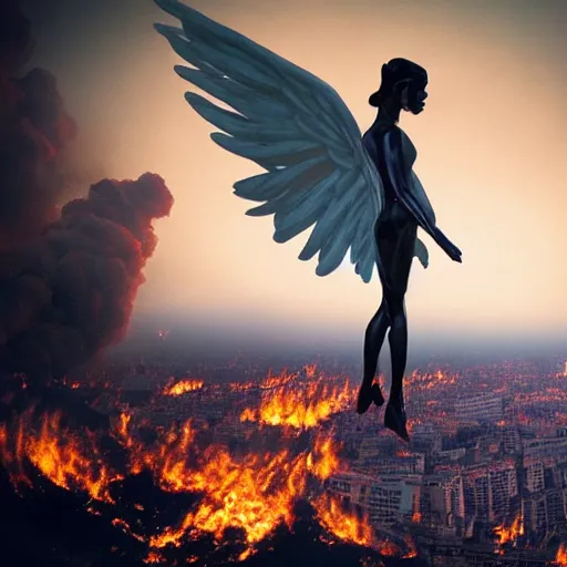 Prompt: a terrifying angel looking down upon a burning city.