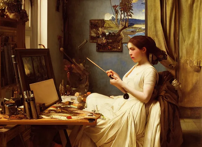 Image similar to a painter in his studio painting a picture of belle delphine by edgar maxence and caravaggio and michael whelan and delacroix style, artistic, intricate painting, cinematic lighting, hyper realistic, extremely detailed, establishing shot, 8 k resolution, dramatic lighting