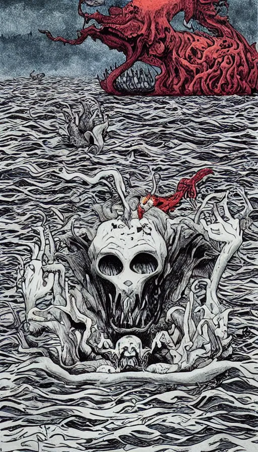 Prompt: man on boat crossing a body of water in hell with creatures in the water, sea of souls, by alex pardee