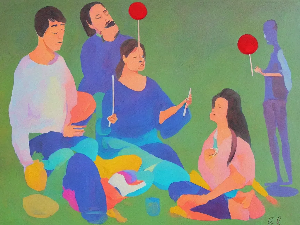 Image similar to man and woman meditating with lollipop. painting by carle eric