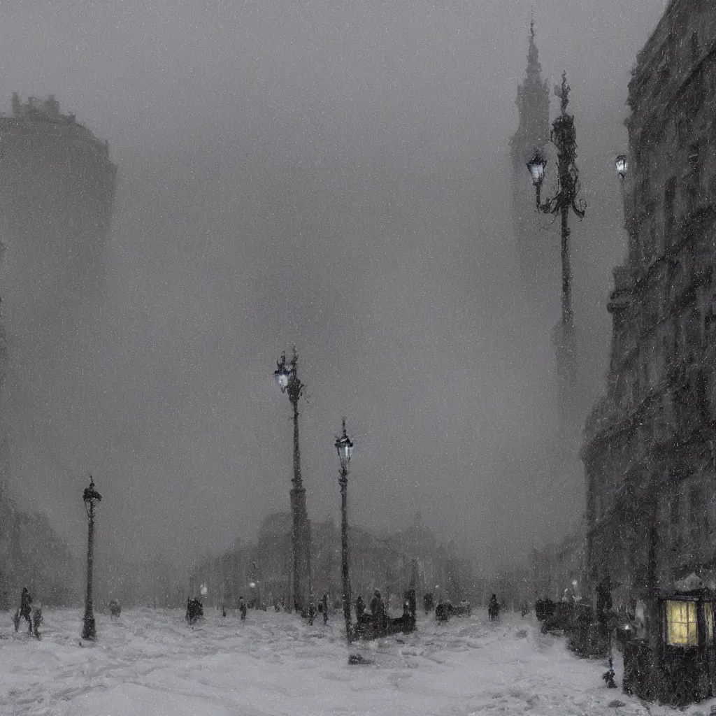 Prompt: 1 9 2 0 s warsaw during an arctic storm, dark, digital art, by james gurney