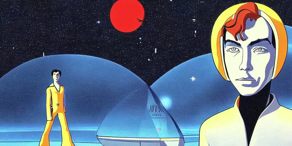 Prompt: a portrait of lonely single Alain Delon alone pilot in posing in symmetrical spaceship station planet captain bridge outer worlds extraterrestrial hyper contrast well drawn in FANTASTIC PLANET La planète sauvage animation by René Laloux