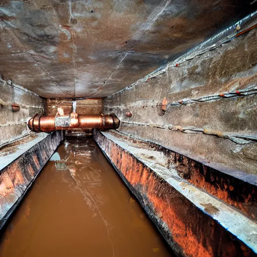 Image similar to underground copper mine, flooded, dirty water, rusty pipes