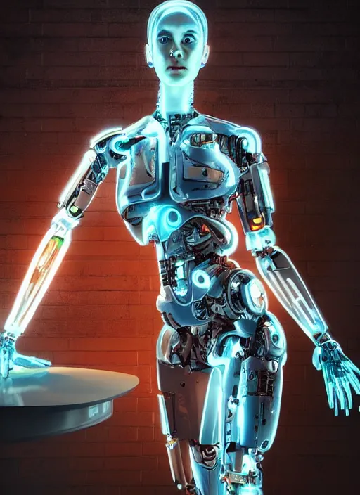 Image similar to photorealistic detailed full body picture of a female cyborg, pretty face, with head arms legs feet and hands, standing on the ground, glamour pose, neon lights, humanoid, extreme, uhdr, book called the most influental cyborg in 2 0 5 0, fine details, highly detailed, intricate, smooth sharp focus, symmetrical features, environmental portrait, realistic render