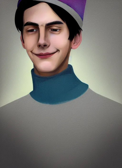 Image similar to portrait of teenage jughead jones wearing a light grey crown, crown, blue turtleneck, closed eyes, eyes closed, smile, crown, black hair, intricate, elegant, glowing lights, warm lighting, highly detailed, digital painting, artstation, concept art, smooth, sharp focus, illustration, art by wlop, mars ravelo and greg rutkowski