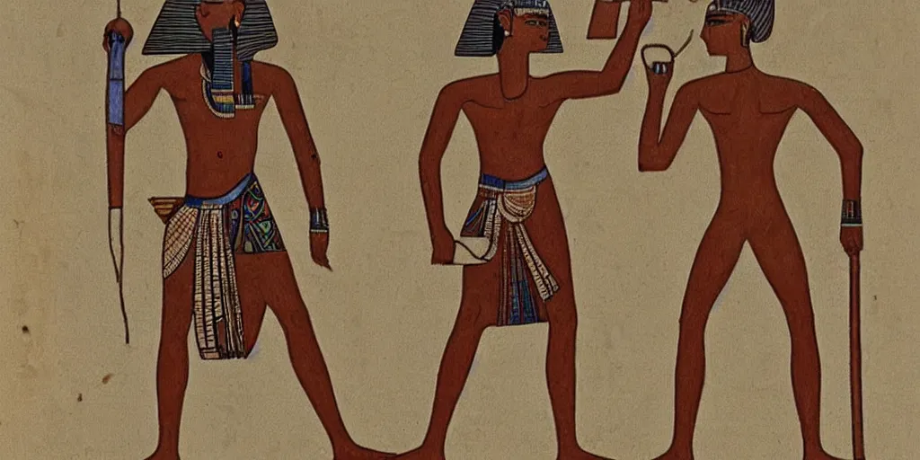 Image similar to Egyptian drawing of a man using a shake weight, ancient, photorealistic