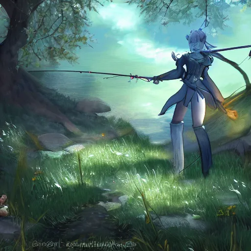 Image similar to ffxiv's y'shtola fishing in the forest at dawn, illustration, trending on art station