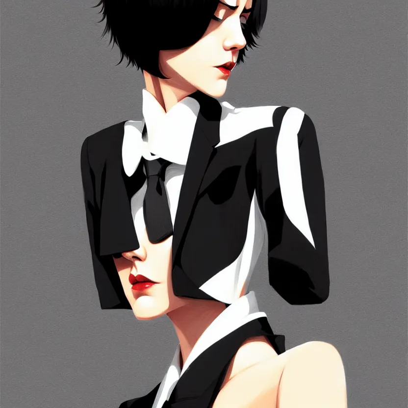 Image similar to jena malone, slim cruel business girl in tuxedo with black bob hair, elegant, 2 d, ultra highly detailed, digital painting, smooth, sharp focus, artstation, art by ilya kuvshinov!