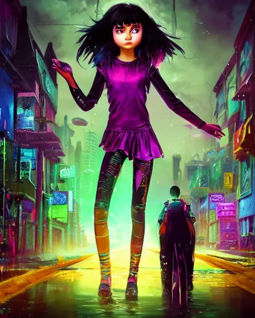 Prompt: an epic fantasy comic book style full body portrait painting of a very beautiful imposing outrun emo industrial goth dora the explorer in the rain, neon reflections in the rain puddles, character design by mark ryden and pixar and hayao miyazaki, unreal 5, daz, hyperrealistic, octane render, cosplay, rpg portrait, dynamic lighting, intricate detail, cinematic