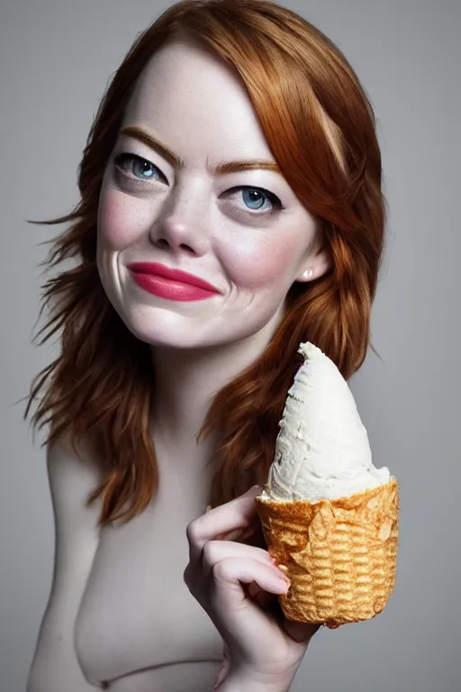 Prompt: 📷 emma stone the ice - cream cone 🍦, made of food, head portrait, dynamic lighting, 4 k