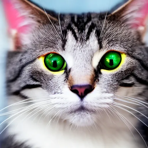 Prompt: photograph of a rainbow cat staring at the camera, shallow focus, wide angle lens, hyper realistic, macro, 8 5 mm