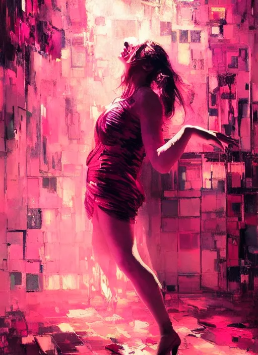 Image similar to nightclub portrait of a beautiful girl, ecstatic dancing, eyes closed, shades of pink, beautiful face, rule of thirds, intricate outfit, spotlight, by greg rutkowski, by jeremy mann, by francoise nielly, by van gogh, digital painting