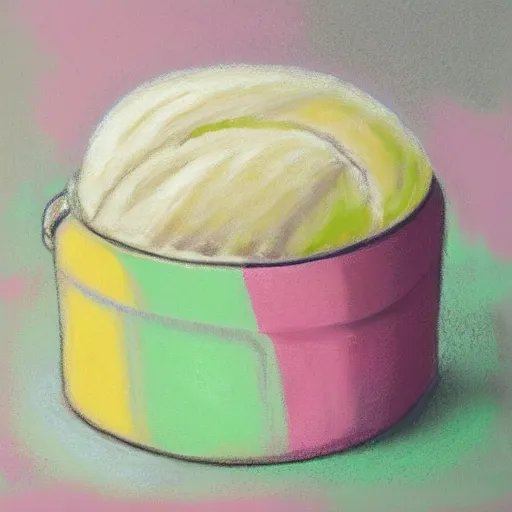 Prompt: a pastel painting of a giant tub of ice - cream melting on the countertop of a table