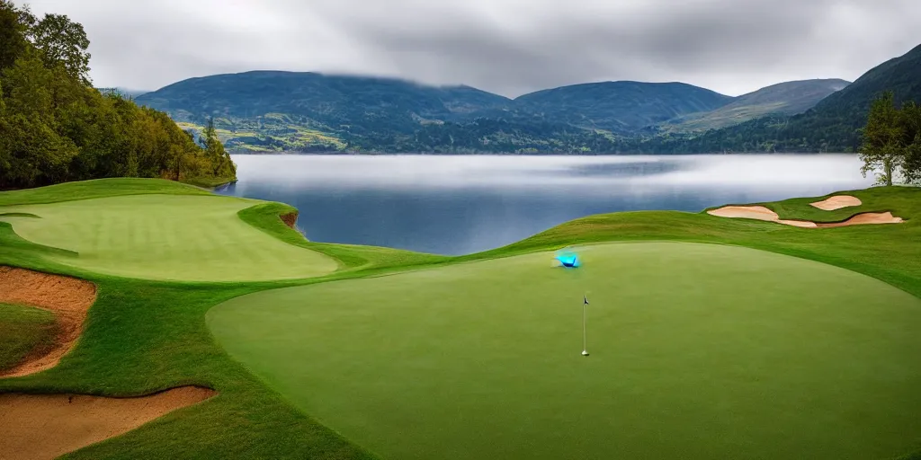 Image similar to a great photograph of the most amazing golf hole in the world completely surrounded by water, calm water, perfect light, loch ness monster, ambient light, miniature, tilt shift lens, golf digest, top 1 0 0, fog