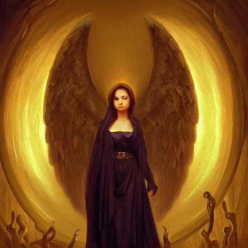 Prompt: angel standing in the front of gates of hell. angel is holdind large 6 of spades card. digital painting. art station. mood lighting. skindness, highly detailed, concept art, intricate, sharp focus, einar jonsson and bouguereau - h 1 2 0 0