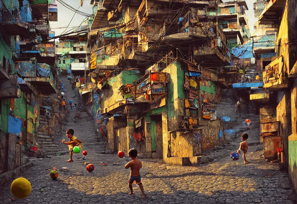 Image similar to photorealistic favela rocinha rio de janeiro with precise rendered alleys with intricate details of gun happy people in alley close view of kid playing with colorful ball and flying kit by Justin Gerard