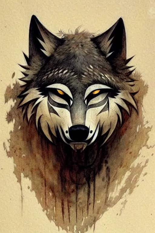 Prompt: ( ( ( ( ( traditional stylized wolf mask. muted colors. ) ) ) ) ) by jean - baptiste monge!!!!!!!!!!!!!!!!!!!!!!!!!!!