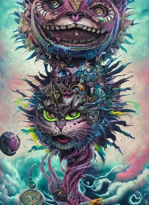 Image similar to cheshire cat, aztec god, highly detailed, cinematic, 8 k, by megan duncanson, benjamin lacombe, adrian borda, stanley artgermm, tom bagshaw, craig mullins, carne griffiths, ayami kojima, beksinski, giger, trending on deviantart, hyper detailed, horror, full of colour