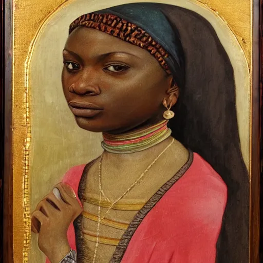 Prompt: A 14th century two African female renaissance oil painting, portrait, grainy, realistic, very realistic, hyperrealistic, highly detailed, very detailed, extremely detailed, very neat, very epic, very cool, detailed, trending on artstation made by Sam Gilliam and Edmonia Lewis